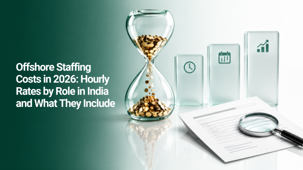 Hourglass of gold coins, pricing model tiles and invoice under a magnifying glass illustrating offshore staffing costs and hidden fees
