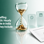 Hourglass of gold coins, pricing model tiles and invoice under a magnifying glass illustrating offshore staffing costs and hidden fees
